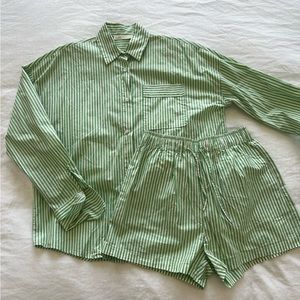 OAK + FORT Green Striped Button Down Shirt and Shorts Set